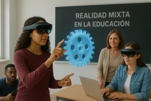 Estudiantes usando realidad mixta en el aula