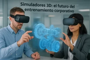 Personas en capacitación usando simuladores 3D con maquinaria industrial