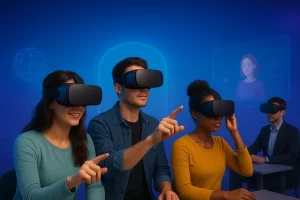 personas aprendiendo en entornos virtuales y metaverso con cascos de realidad virtual