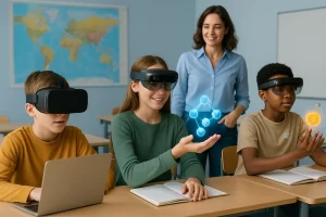 Estudiantes usando realidad virtual y aumentada en un entorno educativo interactivo
