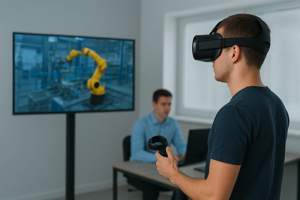 Estudiantes operando simulador de realidad virtual en laboratorio técnico inmersivo